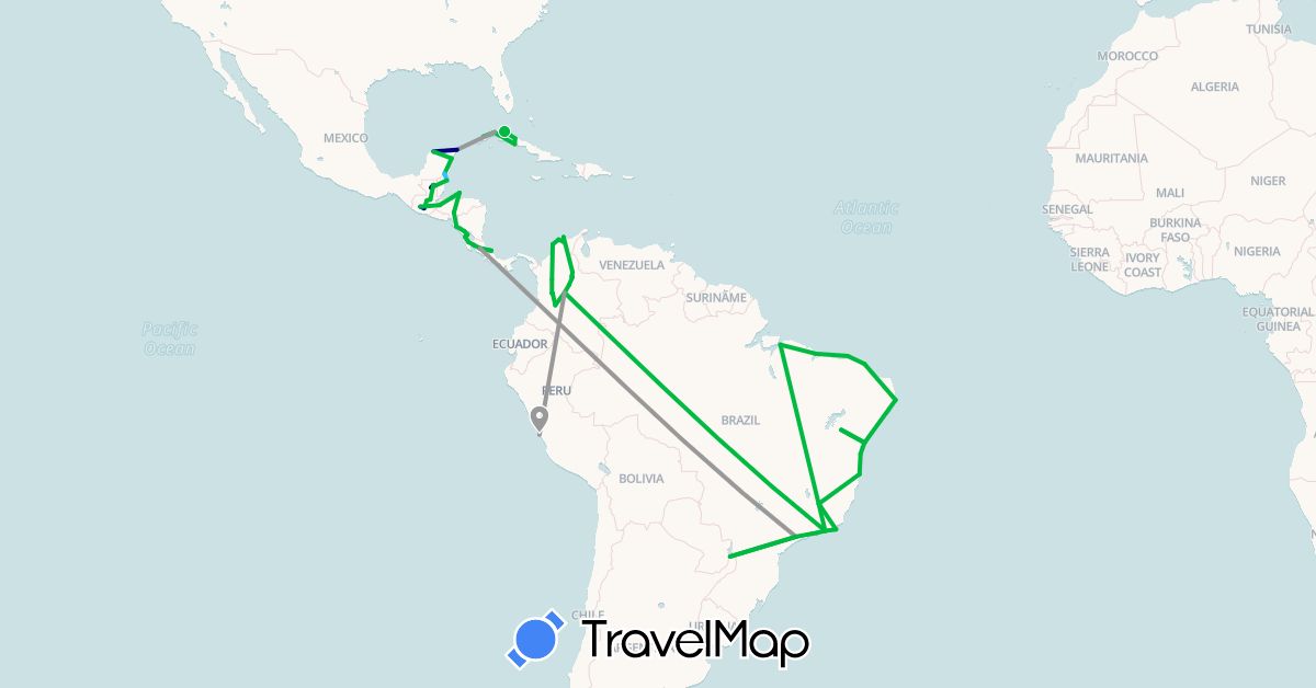TravelMap itinerary: driving, bus, plane, boat in Argentina, Brazil, Belize, Colombia, Costa Rica, Cuba, Guatemala, Honduras, Mexico, Nicaragua, Peru (North America, South America)